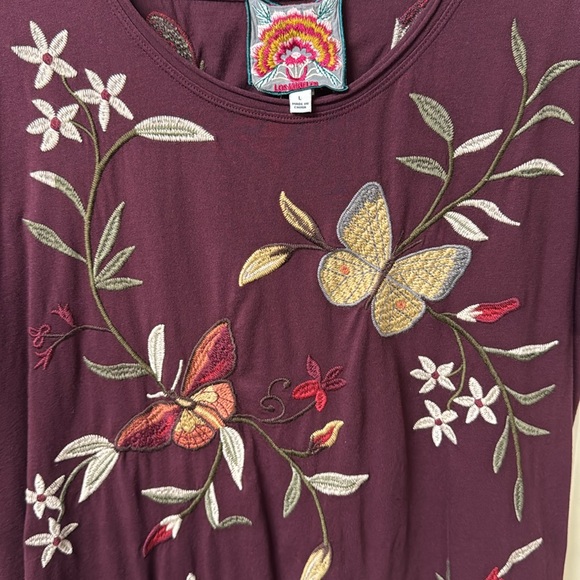 Johnny Was Burgundy Short Sleeve Tee with Floral and Butterfly Design - Picture 4 of 6